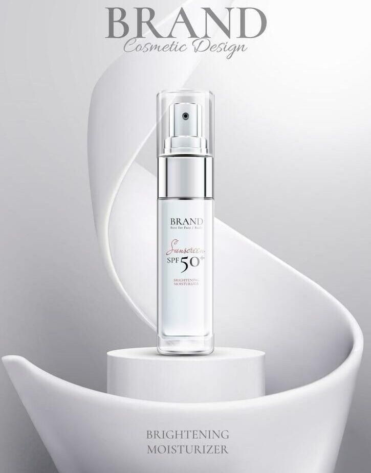 3d illustration of sunscreen cosmetic product ad banner_ Skincare product on a cylindrical podium and while swirl decoration